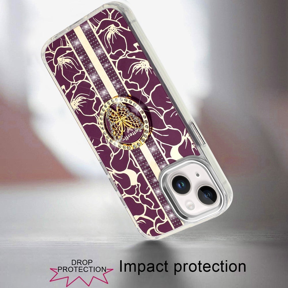 Phone Case for Apple iPhone 15 Floral Butterfly Ring Stand Glitter Bling Shockproof Hybrid Luxury Fashion Protective Anti Slip Durable Grip Cover Purple