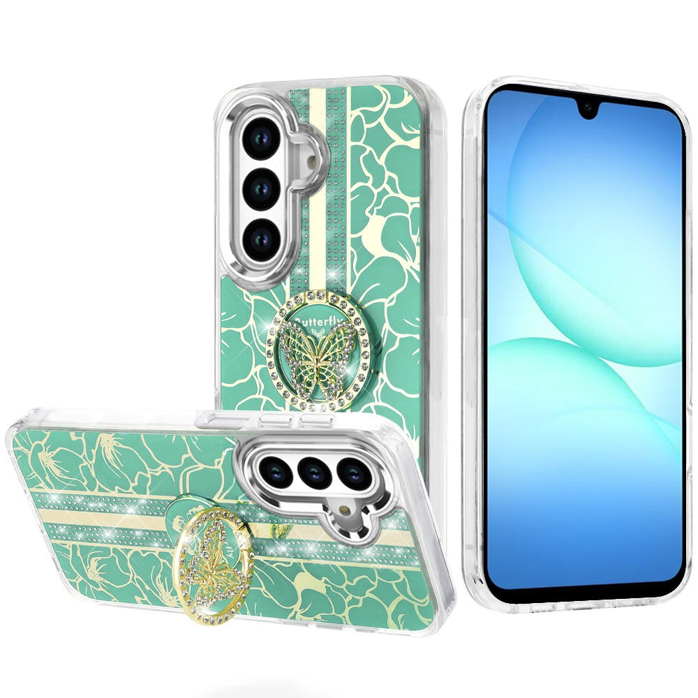 For Samsung Galaxy S25 Fan Edition /Galaxy S25 FE Diamonds 3D Butterfly Floral Design Bling Sparkly Glitter Hybrid Metal Fashion with Ring Stand Case Cover
