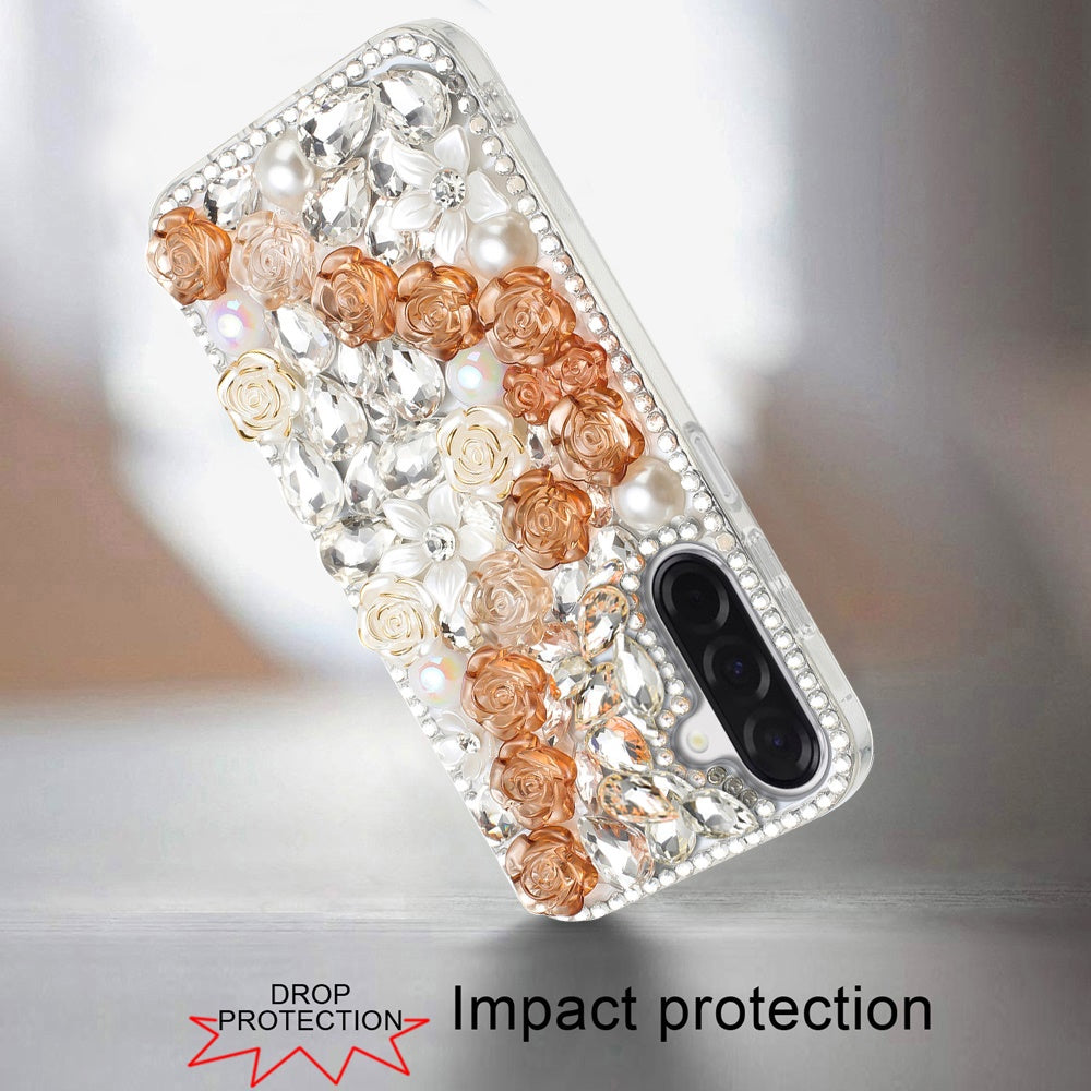 Phone Case for Galaxy A17 5G Rose Flower Full Diamond Bling Rhinestone Glitter Luxury Stylish Sparkle Protective Designer Hybrid Cover