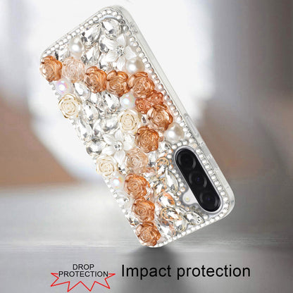 Phone Case for Galaxy A17 5G Rose Flower Full Diamond Bling Rhinestone Glitter Luxury Stylish Sparkle Protective Designer Hybrid Cover
