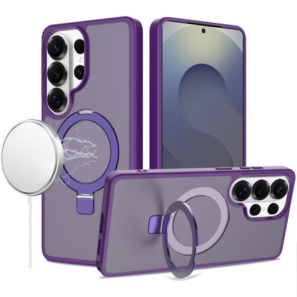 For Samsung Galaxy S25 Ultra Magnetic Circle Back with Ring Stand Full Rotation Matte Hybrid Shockproof Case Cover Dark Purple