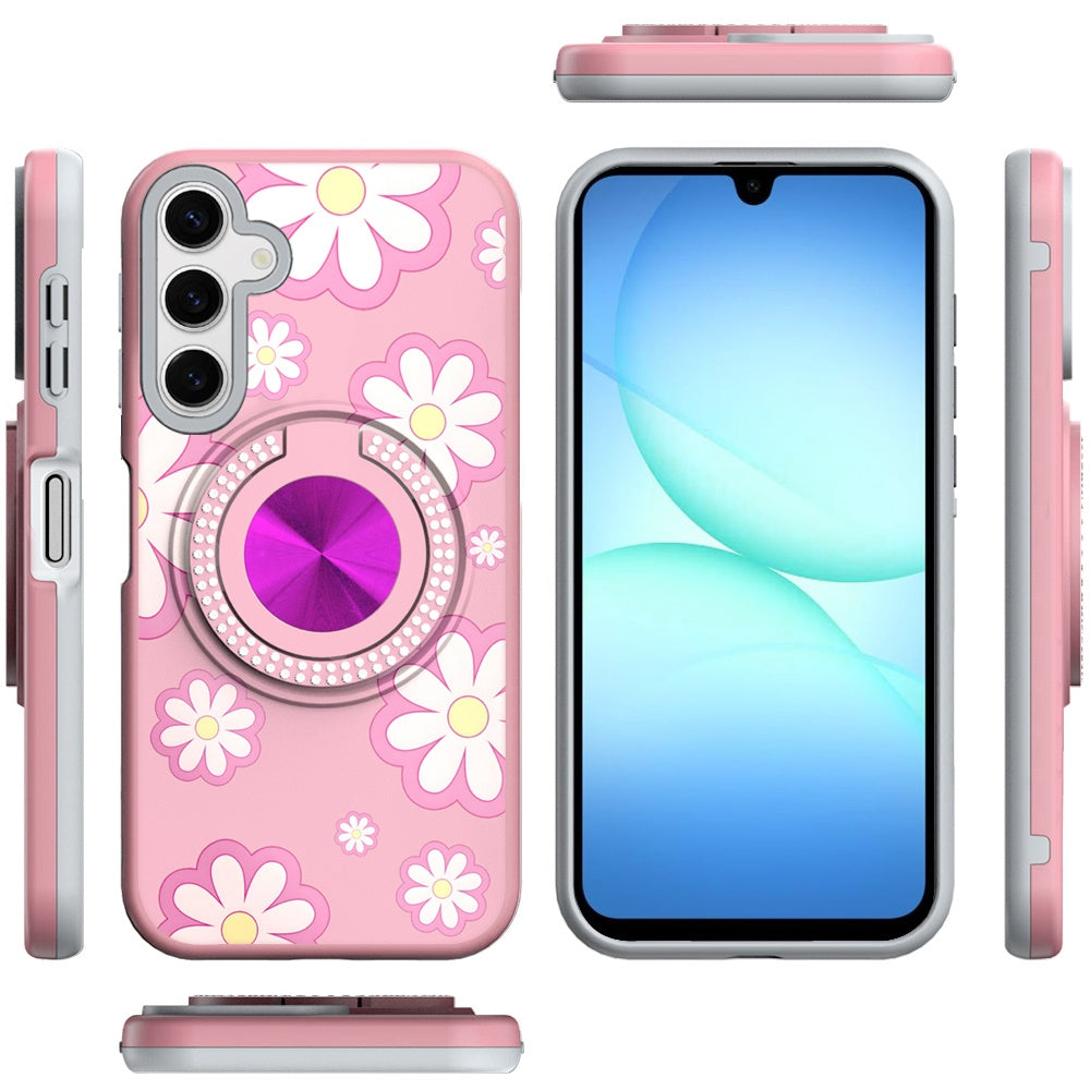 Phone Case for Galaxy A17 5G Magnetic Ring Stand Matte Metal Hybrid Car Mount Friendly Shockproof Rotational Grip Diamond Design Pattern Cover