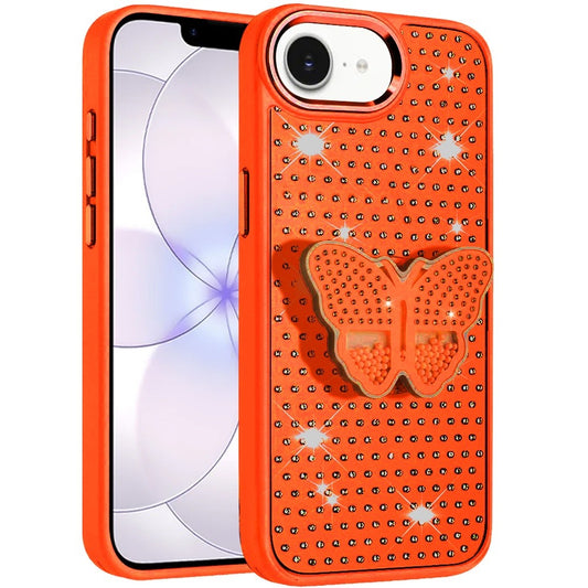 Phone Case for Apple iPhone 17E /16E Butterfly Grip Pop Stand Diamond Sparkle Hybrid Shockproof Metal Button Slim Protective Grip Decorative Design Cover Cosmic Orange