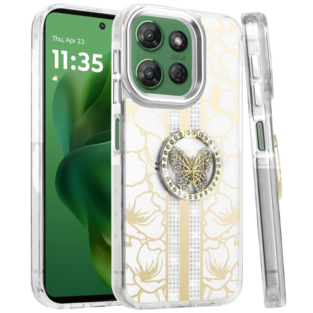 For Motorola Edge 2025 Diamonds 3D Butterfly Floral Design Bling Sparkly Glitter Hybrid Metal Fashion with Ring Stand Case Cover
