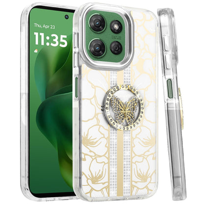 For Motorola Moto G Stylus 5G 2025 Diamonds 3D Butterfly Floral Design Bling Sparkly Glitter Hybrid Metal Fashion with Ring Stand Case Cover