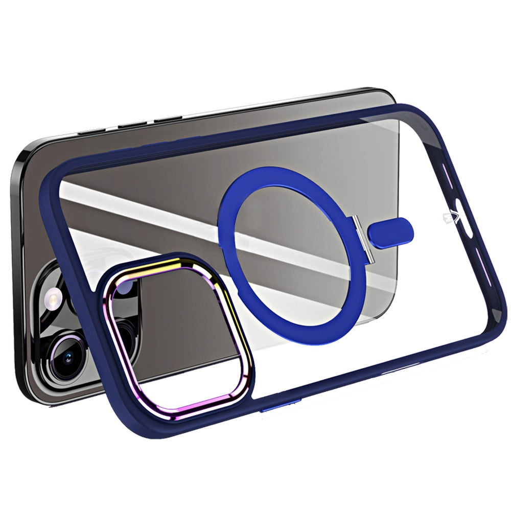 For Apple iPhone 16 Pro Magnetic Ring Stand Hybrid MagSafe Compatible Shockproof Protection Transparent Back Alloy Chrome Grip Case Cover Navy Blue