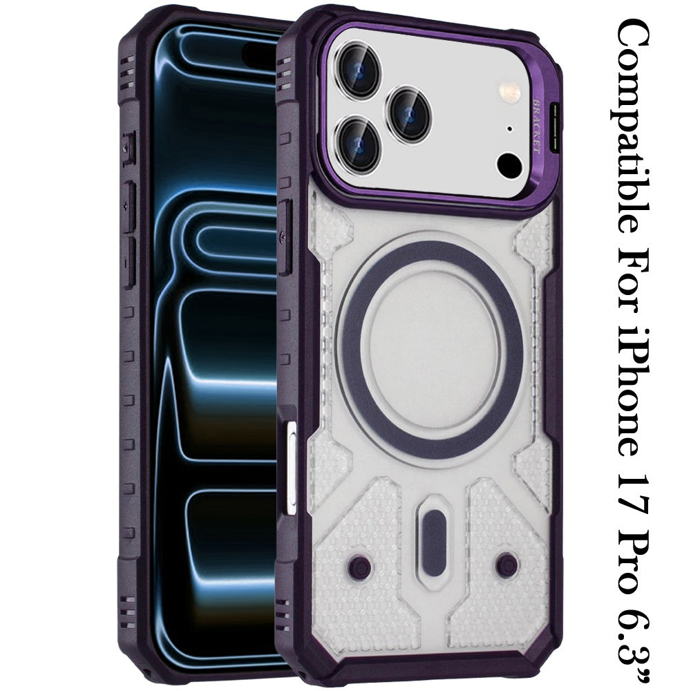 For Apple iPhone 17 Pro Transparent Tough Dotted Magnetic Case with Camera Stand & Hybrid Grip Shockproof Case Cover