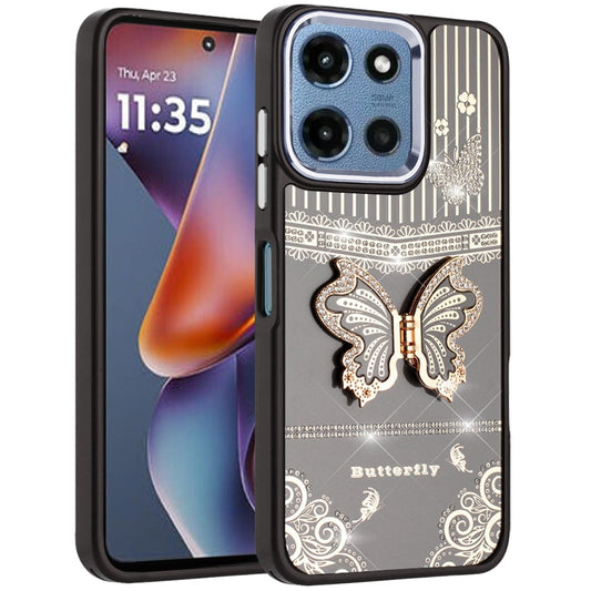 Phone Case for Motorola Moto G Play 5G 2026/ 5G 2025/ 5G2026 Glitter Bling Butterfly Stand Metallic Edge Hybrid Shockproof Grip Durable Camera Protection Stylish Design Cover