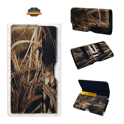 For Apple iPhone 16 (6.1") Universal Camo Leather Horizontal Holster Pouch with Credit Card Slots Wallet & Belt Loop Clip Carrying (Fits 6.1 inch) [Camouflage]