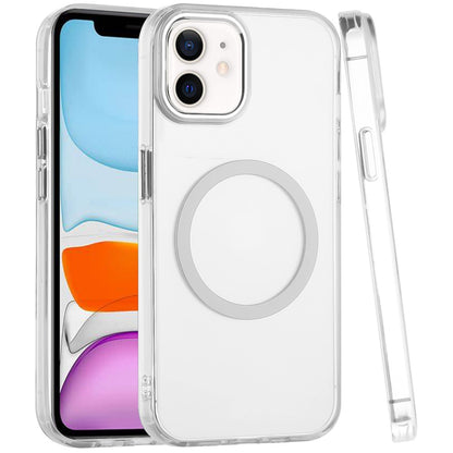 For Apple iPhone 11 Transparent Back Hybrid Case - Magnetic Circle, Color Frame, Metal Buttons, MagSafe Compatible Case Cover