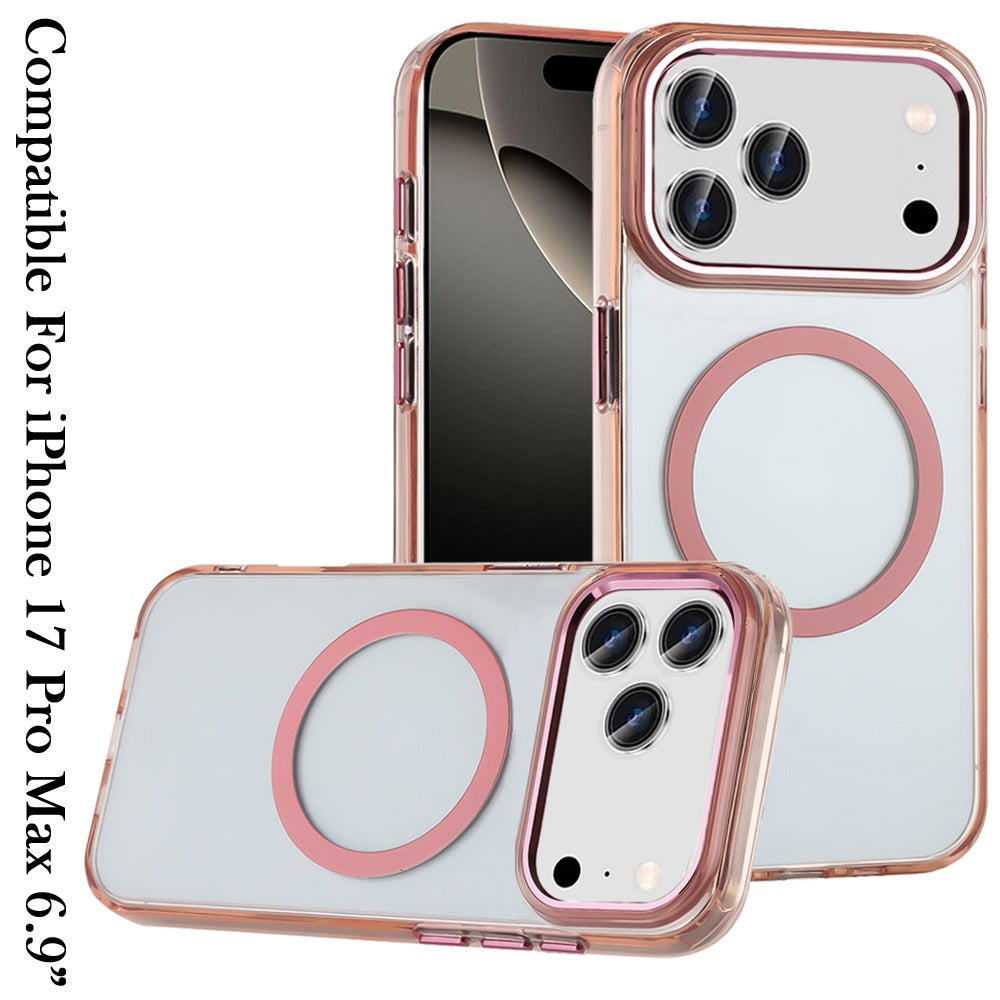 For Apple iPhone 17 Pro Max (6.9") Transparent Back Hybrid Case - Magnetic Circle, Color Frame, Metal Buttons, MagSafe Compatible Case Cover