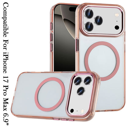 For Apple iPhone 17 Pro Max (6.9") Transparent Back Hybrid Case - Magnetic Circle, Color Frame, Metal Buttons, MagSafe Compatible Case Cover