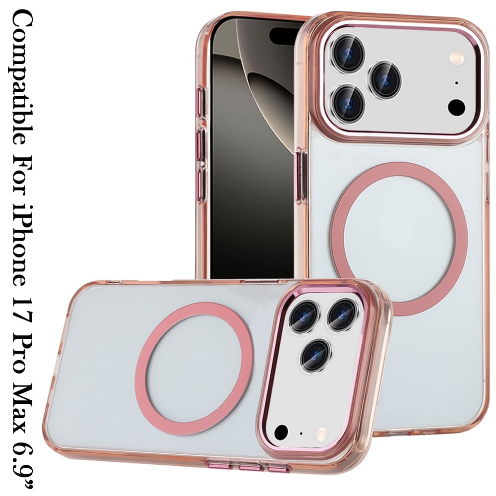 For Apple iPhone 17 Pro Max (6.9") Transparent Back Hybrid Case - Magnetic Circle, Color Frame, Metal Buttons, MagSafe Compatible Case Cover