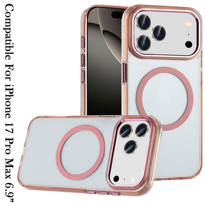For Apple iPhone 17 Pro Max (6.9") Transparent Back Hybrid Case - Magnetic Circle, Color Frame, Metal Buttons, MagSafe Compatible Case Cover