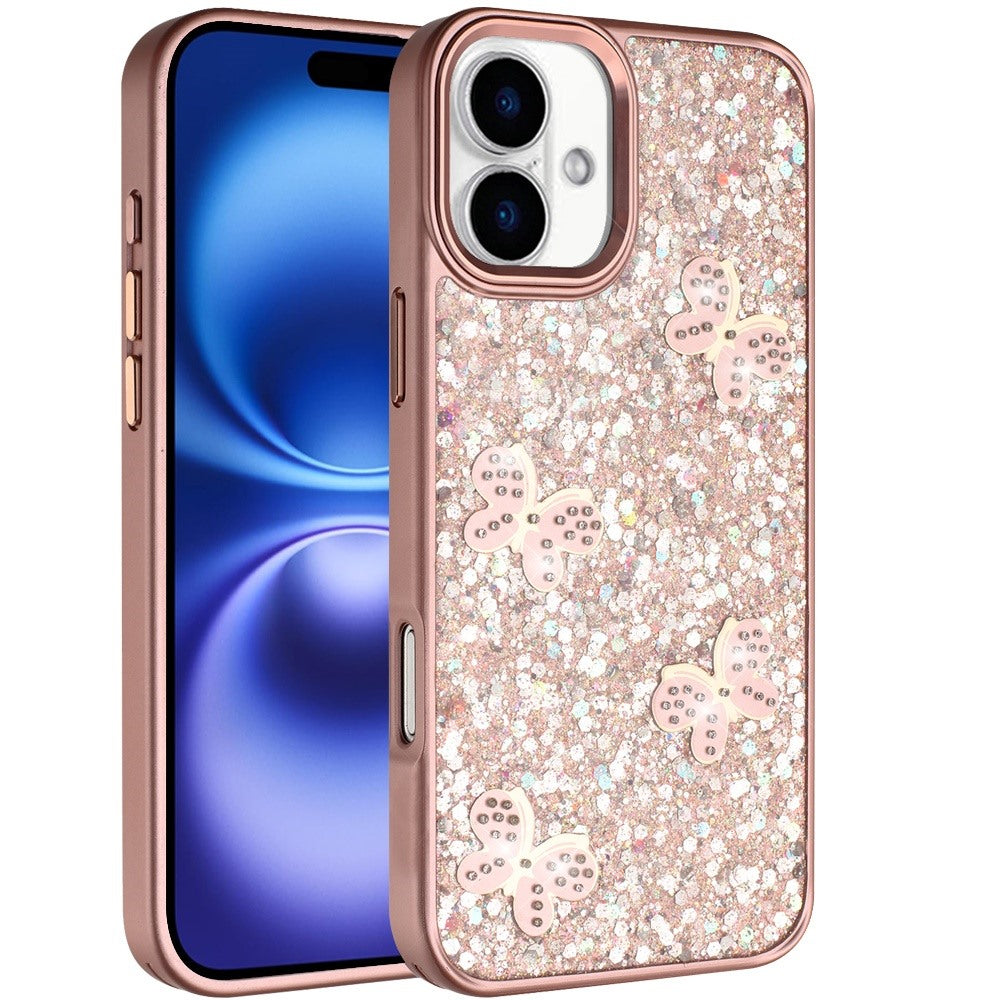 For Apple iPhone 17 (6.3") Cute Butterfly Crystal Diamond Glitter Case Sparkle Bling Frame Metallic Edges, Shimmer TPU Hybrid Case Cover