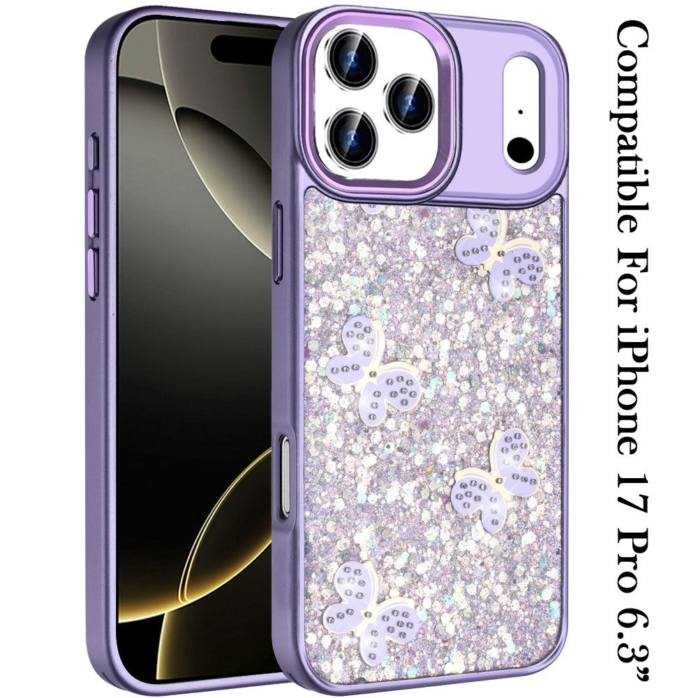For Apple iPhone 17 Pro (6.3") Cute Butterfly Crystal Diamond Glitter Case Sparkle Bling Frame Metallic Edges, Shimmer TPU Hybrid Case Cover