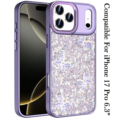 For Apple iPhone 17 Pro (6.3") Cute Butterfly Crystal Diamond Glitter Case Sparkle Bling Frame Metallic Edges, Shimmer TPU Hybrid Case Cover