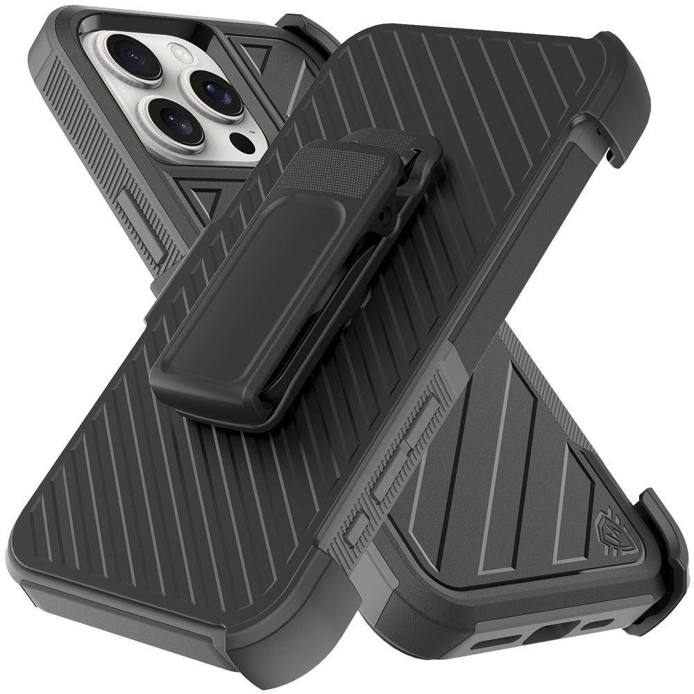 For Apple iPhone 16 Pro Max (6.9") Combo Hybrid lined with Belt Clip Holster Armor Shockproof Rugged Textured 2in1 Non Slip Tough Case Cover Black / Gray