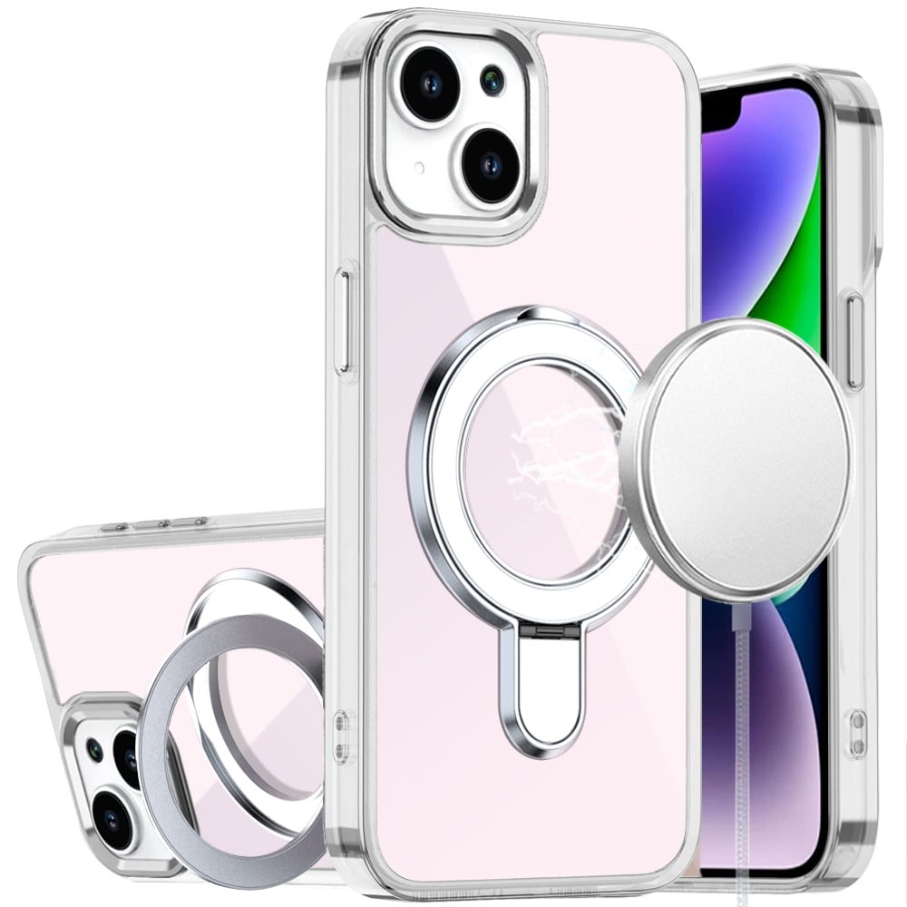 For iPhone 14/13 (6.1") Chrome Hybrid with Rotating Magnetic Circle Ring Stand, Slim Shockproof Hybrid Case Cover Cosmic Orange