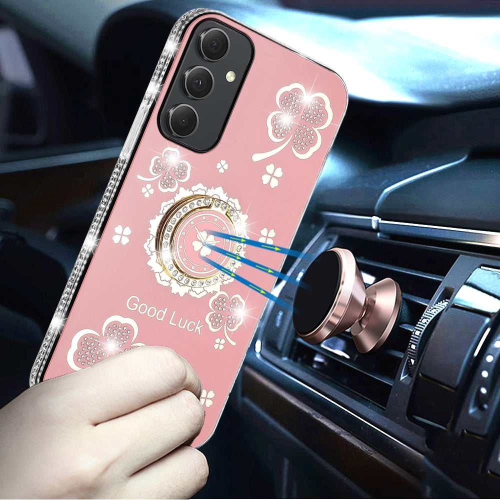 Phone Case for Samsung Galaxy A15 5G Glitter Diamond Ring Stand Sparkle Rhinestone Edge AntiSlip Kickstand Luxury Fashion Bumper Shockproof Cover