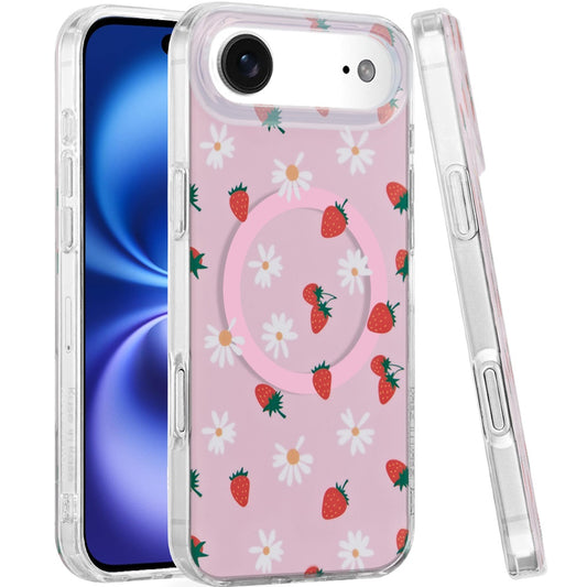 For Apple iPhone 17 Pro Stylish Pattern Fashion IMD Printed Design TPU Double Layer Slim Shockproof with Magnetic Back Case Cover Strawberry Daisy