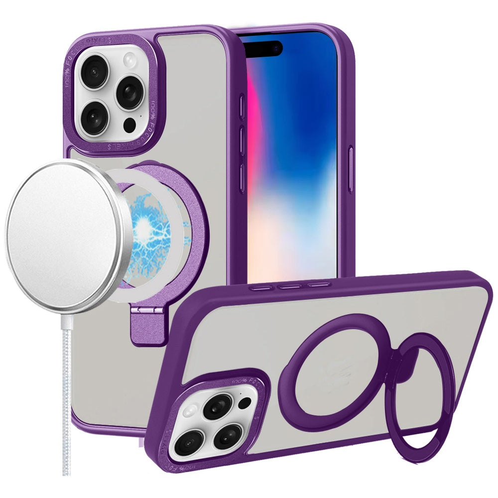 For Apple iPhone 16 Pro Magnetic Metal Matte Built-in Compatible with MagSafe Kickstand Hybrid Shock Armor TPU Case Cover Purple