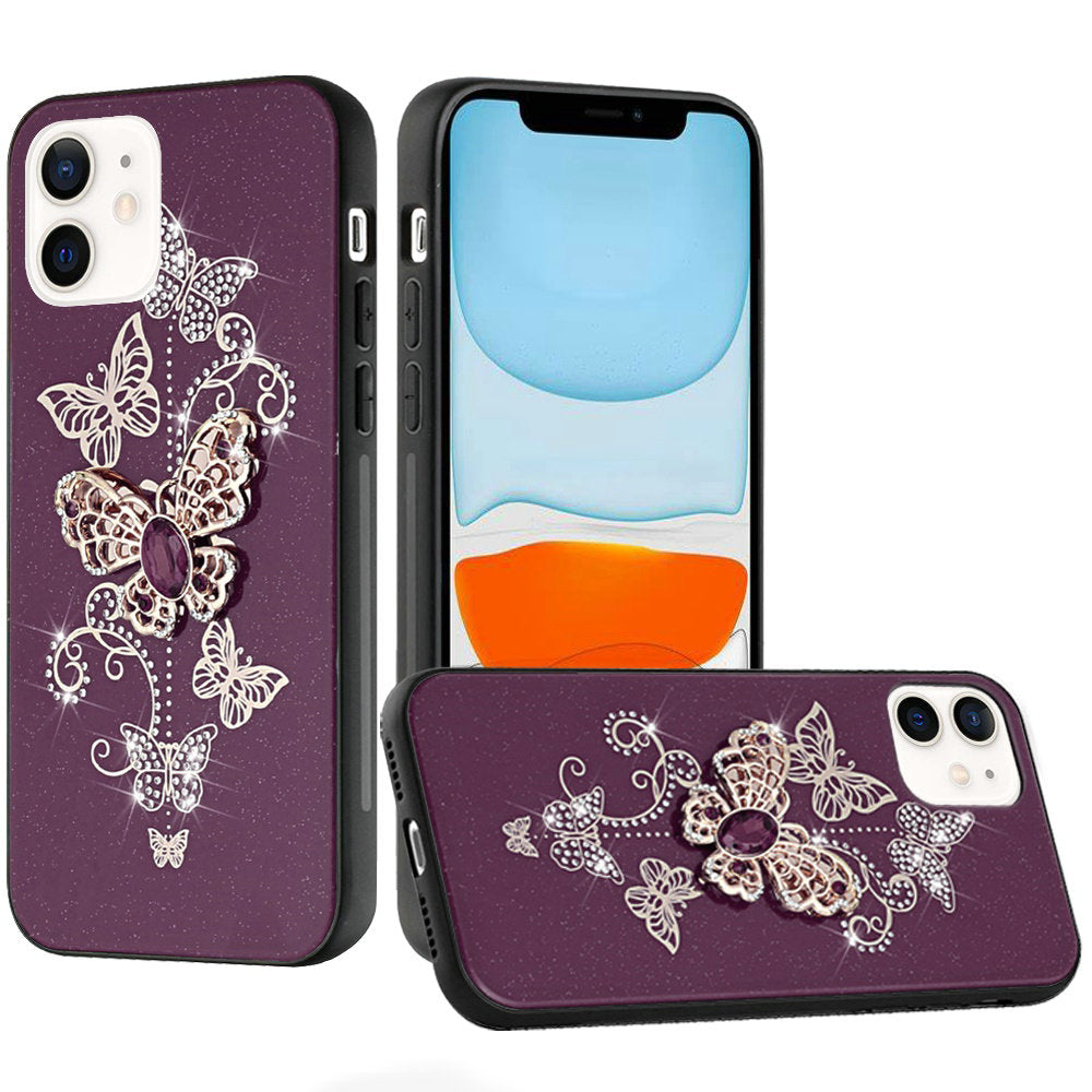 Phone Case for Apple iPhone 11 Diamond Glitter 3D Butterfly Engraved Luxury Bling Hybrid Shockproof Chrome Edge Protective Durable Grip Cover Purple