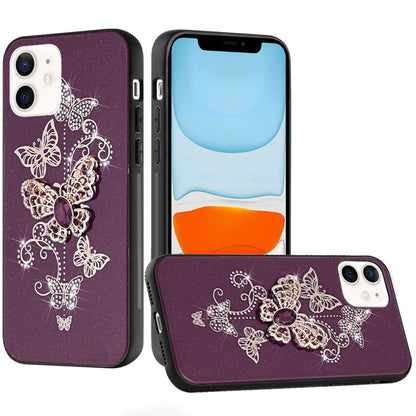 Phone Case for Apple iPhone 11 Diamond Glitter 3D Butterfly Engraved Luxury Bling Hybrid Shockproof Chrome Edge Protective Durable Grip Cover Purple