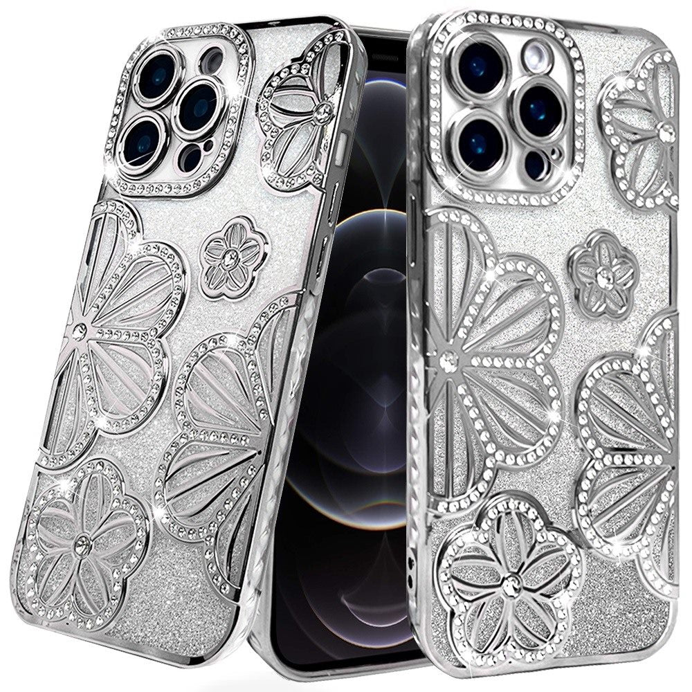 Luxury Flower Design Sparkle Glitter Diamond Rhinestone Shimmer Bling Plating Thick TPU Hard PC