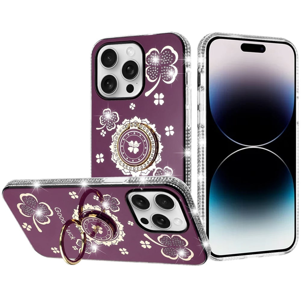 Phone Case for Apple iPhone 14 Pro Max Glitter Diamond Ring Stand Sparkle Rhinestone Edge AntiSlip Kickstand Luxury Fashion Bumper Shockproof Cover Red