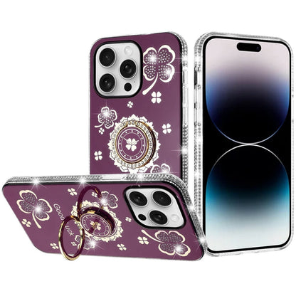 Phone Case for Apple iPhone 14 Pro Max Glitter Diamond Ring Stand Sparkle Rhinestone Edge AntiSlip Kickstand Luxury Fashion Bumper Shockproof Cover Red