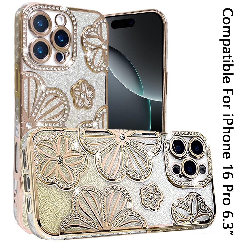For Apple iPhone 16 Pro Luxury Flower Design Sparkle Glitter Diamond Rhinestone Shimmer Bling Plating Thick TPU Hard PC Case Cover