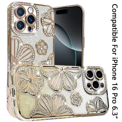 For Apple iPhone 16 Pro Luxury Flower Design Sparkle Glitter Diamond Rhinestone Shimmer Bling Plating Thick TPU Hard PC Case Cover