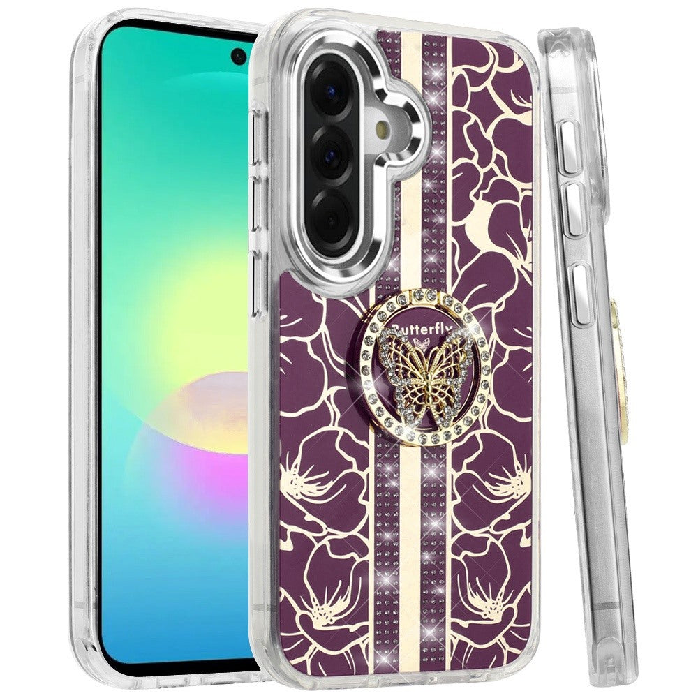 Phone Case for Samsung Galaxy A27 Floral Butterfly Ring Stand Glitter Bling Shockproof Hybrid Luxury Fashion Protective Anti Slip Durable Grip Cover Purple