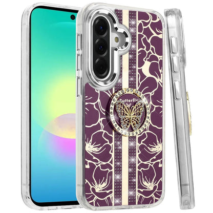 Phone Case for Samsung Galaxy A27 Floral Butterfly Ring Stand Glitter Bling Shockproof Hybrid Luxury Fashion Protective Anti Slip Durable Grip Cover Purple