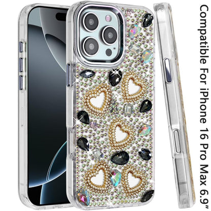 Phone Case for Apple iPhone 16 Pro Max Luxury Crystal Heart Rhinestone Diamond Bling Shockproof Hybrid Glitter Protective Stylish Durable Grip Cover