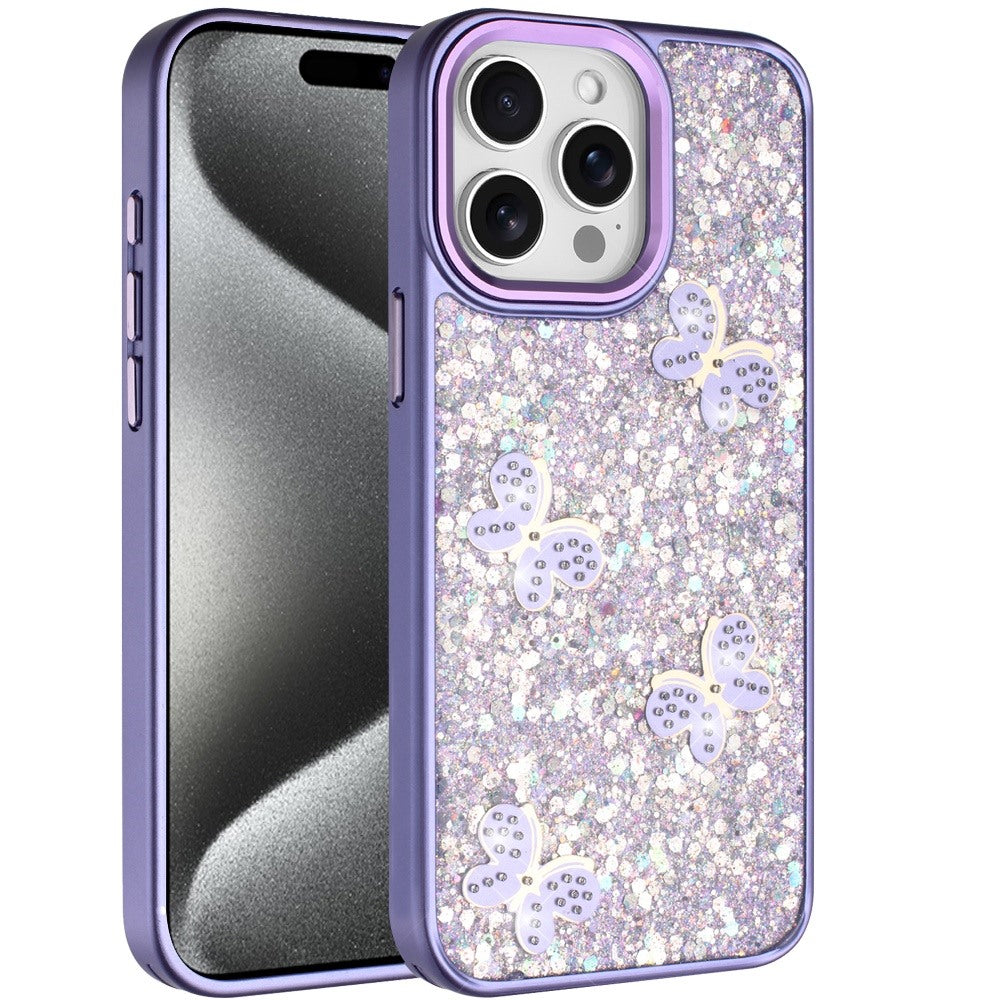 For Apple iPhone 15 Pro Max Cute Butterfly Crystal Diamond Glitter Case Sparkle Bling Frame Metallic Edges, Shimmer TPU Hybrid Case Cover