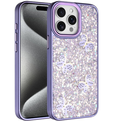 For Apple iPhone 15 Pro Max Cute Butterfly Crystal Diamond Glitter Case Sparkle Bling Frame Metallic Edges, Shimmer TPU Hybrid Case Cover
