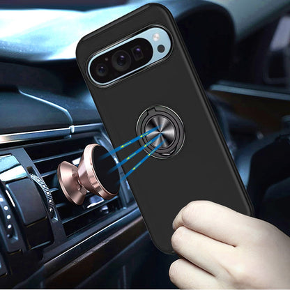 For Google Pixel 9 Pro XL Hybrid 360 Degree Rotatable Metal Invisible Ring Stand Holder Slim Fit Magnetic Car Mount Shockproof Case Cover Silver