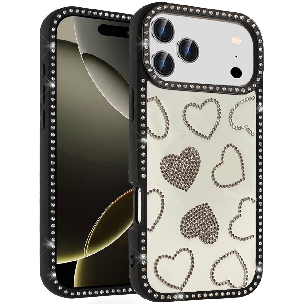 For Apple iPhone 17 Pro Max (6.9") Spread Love Glitter Shimmer Bling Diamond Edge Hybrid Drop Protection Shockproof Design Case Cover Black
