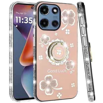 For Motorola Moto G 5G 2025 Diamonds Bling All Around Edges Sparkly Glitter Hybrid with Ring Stand Holder Fashion Good Luck Case Cover