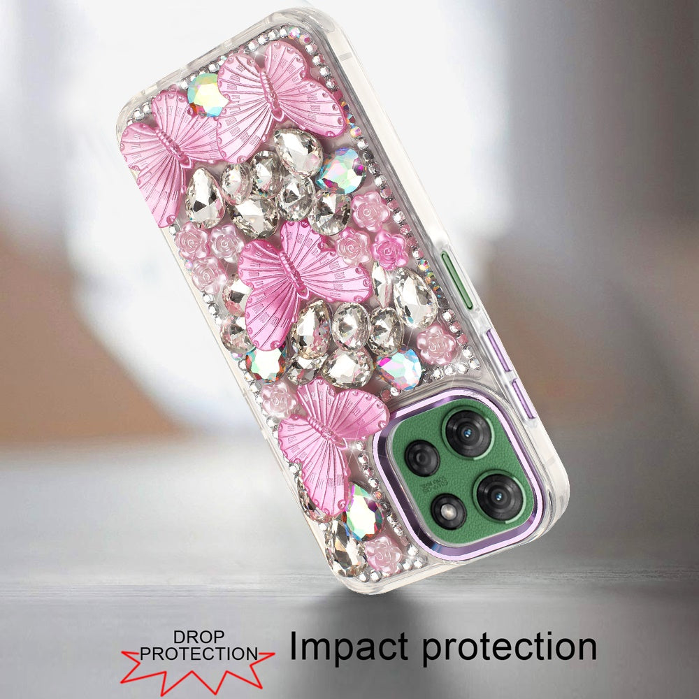 For Motorola Moto G Power 5G 2026 /2025 3D Diamond Floral Butterfly Bling Stone Hybrid, Sparkly Rhinestone Gemstone Back Shockproof Case Cover Purple