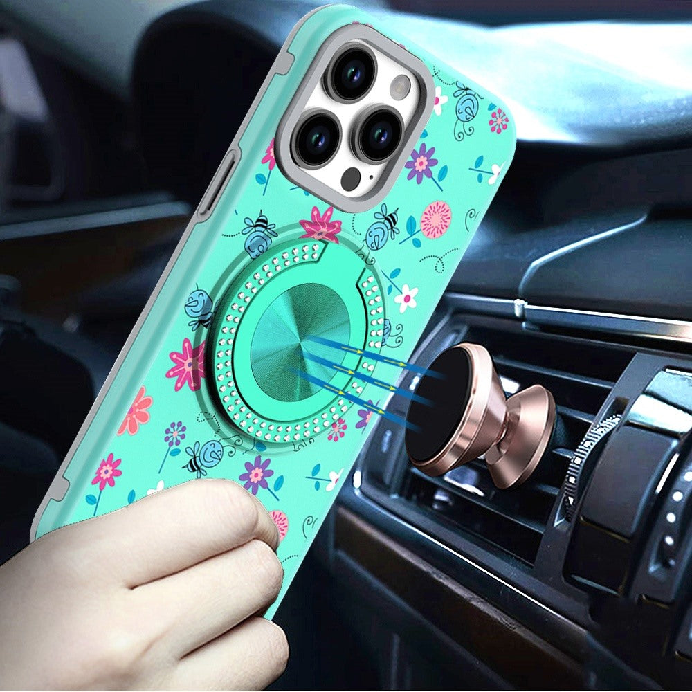 For Apple iPhone 16e Pattern Design Hybrid with Invisible Ring Stand & Magnetic Back, Shockproof Protective Grip Case Cover Flower Bee Teal