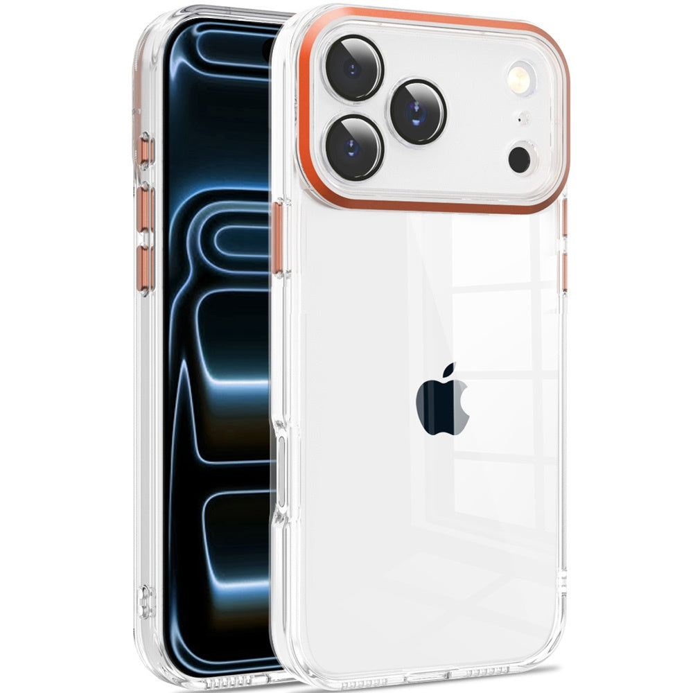 Phone Case for Apple iPhone 17 Pro Max (6.9") Transparent Clear Hybrid Metal Button Camera Guard Shockproof Gummy TPU Slim Protective Grip Cover Cosmic Orange