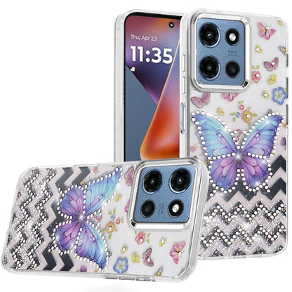 Phone Case for Motorola Moto G Play 5G 2026 Butterfly Resin Epoxy Diamond Bling Metal Edge Shockproof Hybrid Luxury Protective Durable Stylish Fashion Grip Cover