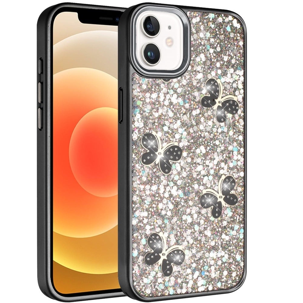 For iPhone 12 / iPhone 12 Pro (6.1") Cute Butterfly Crystal Diamond Glitter Case Sparkle Bling Frame Metallic Edges, Shimmer TPU Hybrid Case Cover