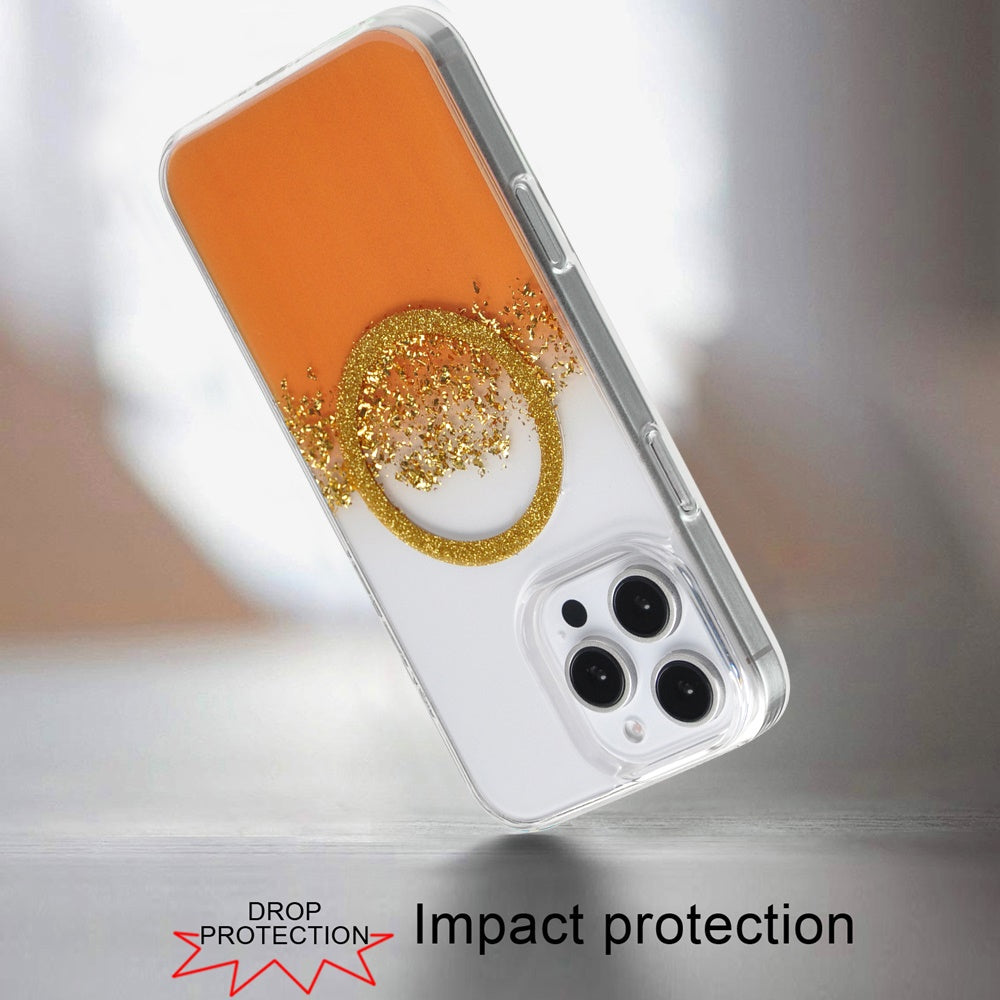 For Apple iPhone 16 Pro Glitter Epoxy Magnetic Hybrid Shockproof Protection Clear Back Secure Grip Stylish Durable Design Case Cover Orange