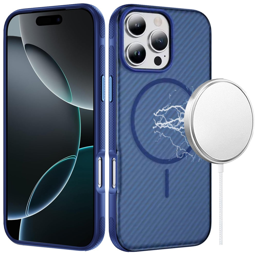 Phone Case for Apple iPhone 16 Pro Max Shockproof Magnetic Carbon Fiber Texture Metallic Button Rugged Grip Anti Fingerprint Heavy Duty Hybrid Armor Cover Blue