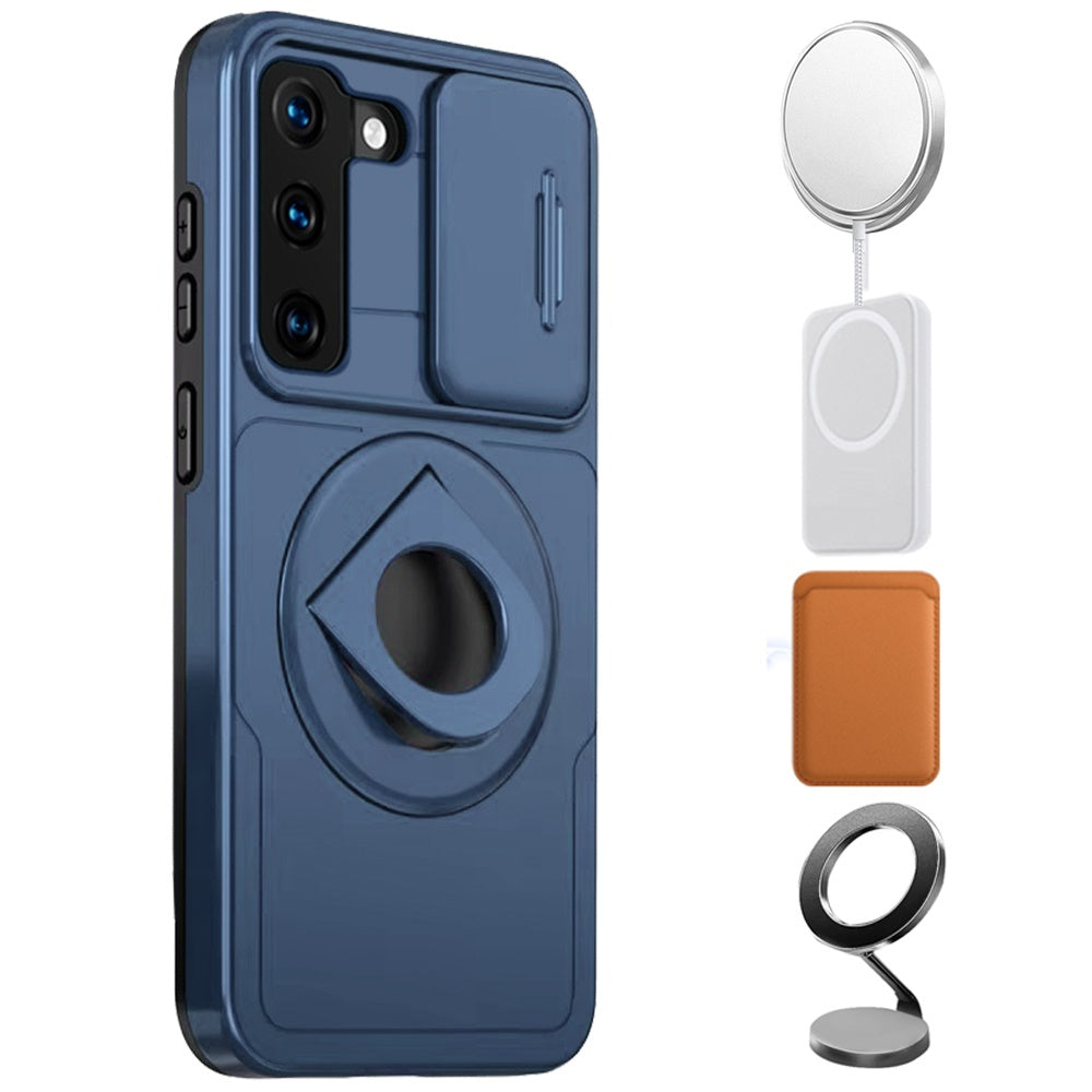 For Samsung Galaxy S21 FE /Fan Edition Full Coverage with Camera Window, Magnetic Circle, Rotatable Ring Stand, MagSafe Compatible, Shockproof Hybrid Protectiv Case Cover Blue
