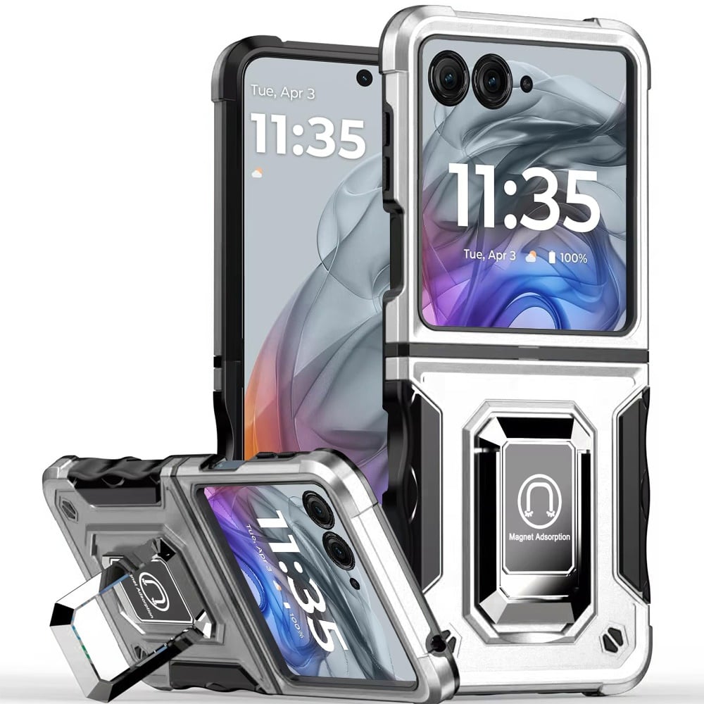 Phone Case for Motorola Razr 2026, Razr 2025, Razr 2024 Shockproof Magnetic Ring Stand Hybrid Kickstand Armor 360 Rotation Anti-Slip Grip Military Grade Drop Resist Cover Silver